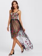 Romwe Embroidered Mesh Overlay Dip Hem Cami Dress