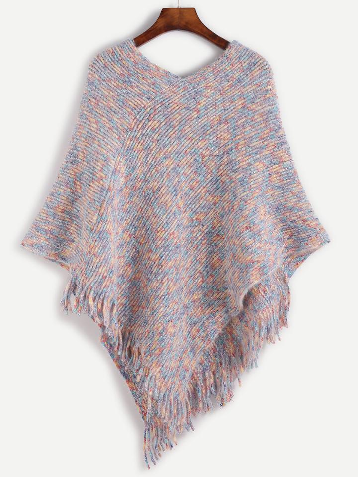Romwe Double V Neck Fringe Hem Poncho Sweater