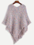 Romwe Double V Neck Fringe Hem Poncho Sweater