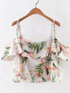 Romwe Multicolor Floral Print Ruffle Spaghetti Strap Blouse