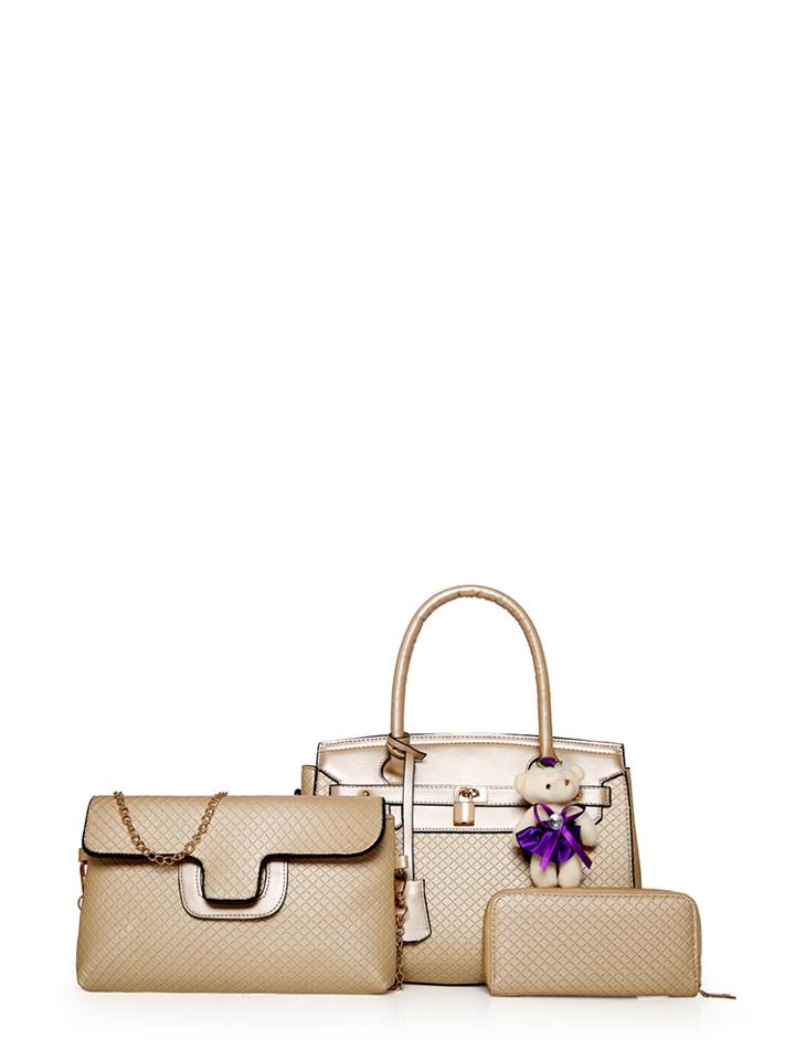 Romwe Plaid Embossed Pu Bag Set 3pcs With Bear Charm