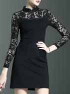 Romwe Black Collar Pockets Sheath Lace Dress