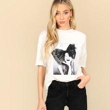 Romwe Figure Print Mesh Bow Embellished Top