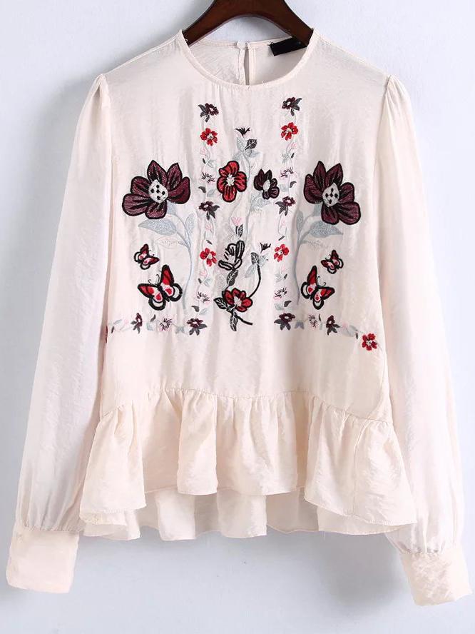 Romwe Beige Flower Embroidery Ruffle Hem Blouse