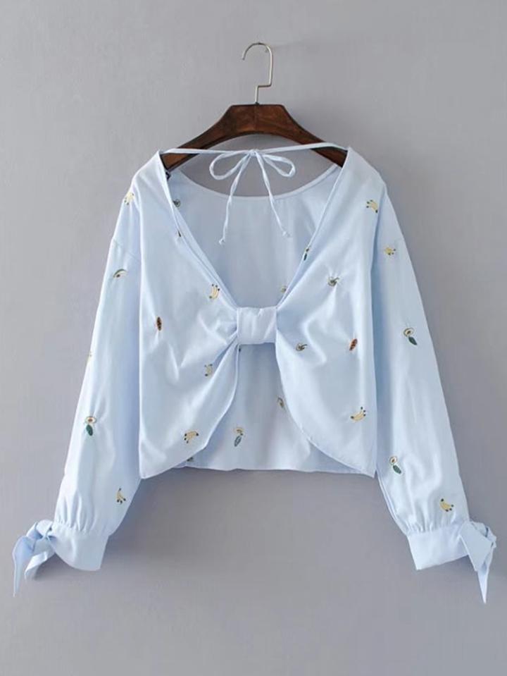 Romwe Open Back Lace Up Detail Embroidery Top