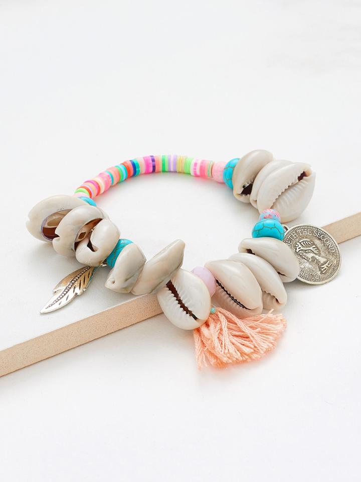 Romwe Shell & Turquoise Decorated Beaded Bracelet