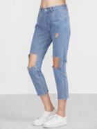 Romwe Blue Frayed Hem Distressed Jeans