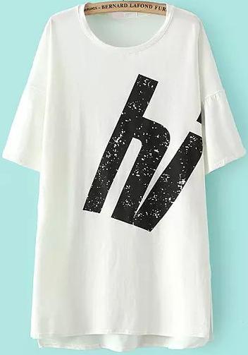 Romwe Dip Hem Letter Print Long White T-shirt