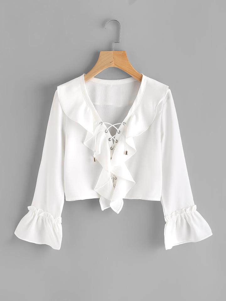 Romwe Plunging V-neckline Eyelet Lace Up Frill Blouse