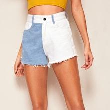 Romwe Color Block Raw Hem Denim Shorts