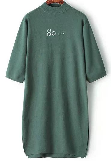 Romwe Green Stand Collar So Embroidered Split Dress