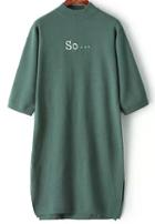 Romwe Green Stand Collar So Embroidered Split Dress