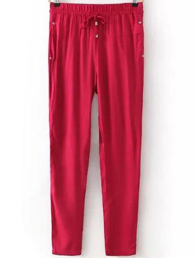 Romwe Draw Cord Waist Studded Burgundy Pant