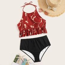 Romwe Random Floral Ruffle Hem Mix & Match Bikini