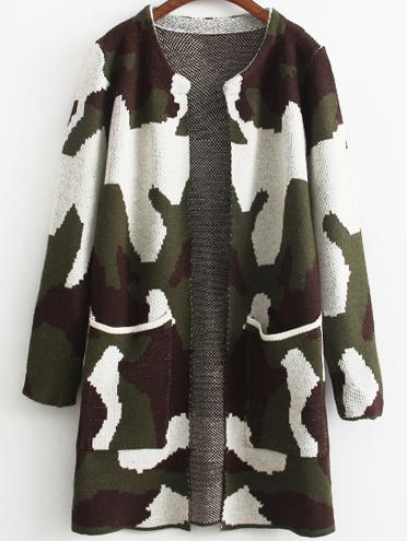 Romwe Long Sleeve Camouflage Pockets Coat