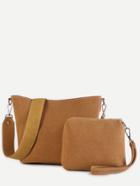 Romwe Brown And Yellow Faux Leather Tote Bag Set With Wide Strap