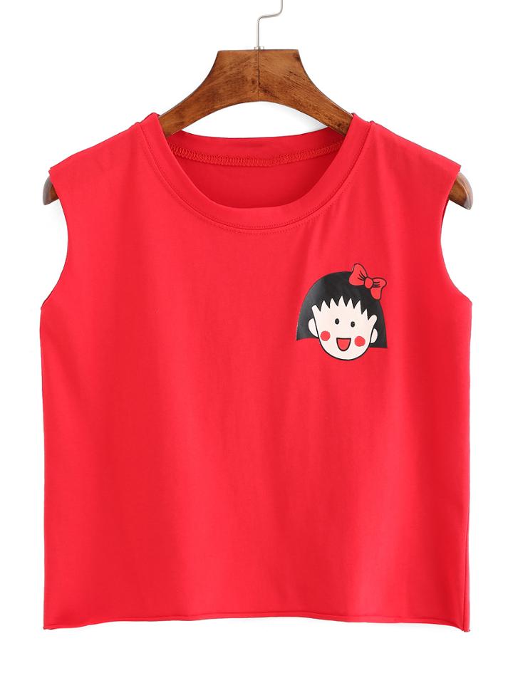 Romwe Cartoon Print Red Tank Top