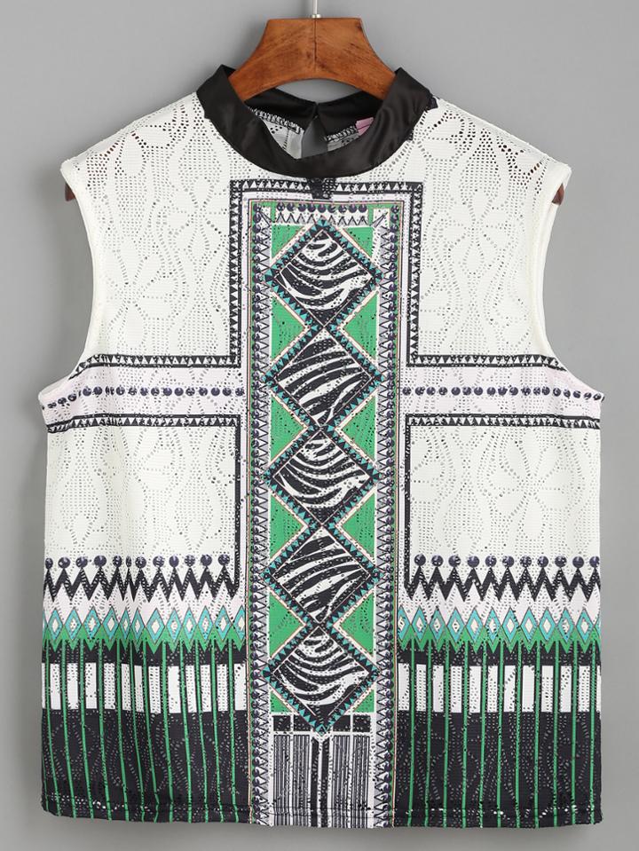 Romwe Contrast Neck Sleeveless Geometric Print Eyelet Top