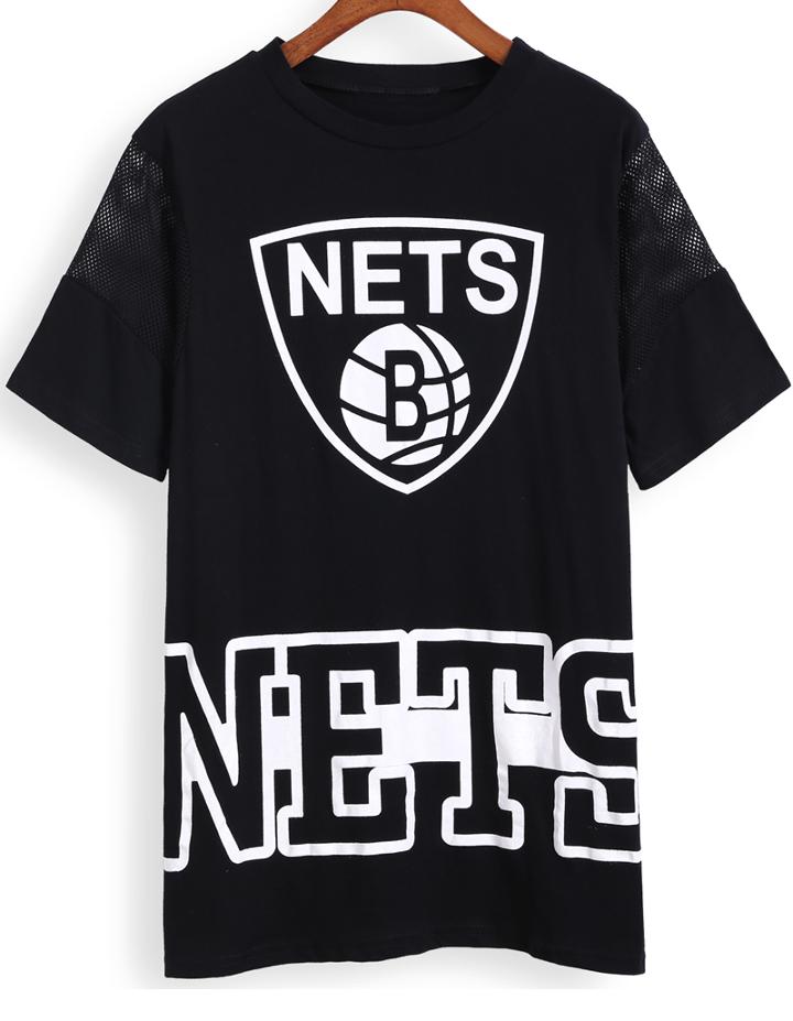 Romwe Mesh Insert Letter Print T-shirt