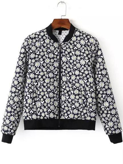 Romwe Contrast Collar Flower Print Blue Jacket