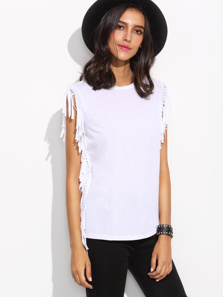 Romwe White Fringe Sleeveless T-shirt