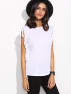 Romwe White Fringe Sleeveless T-shirt