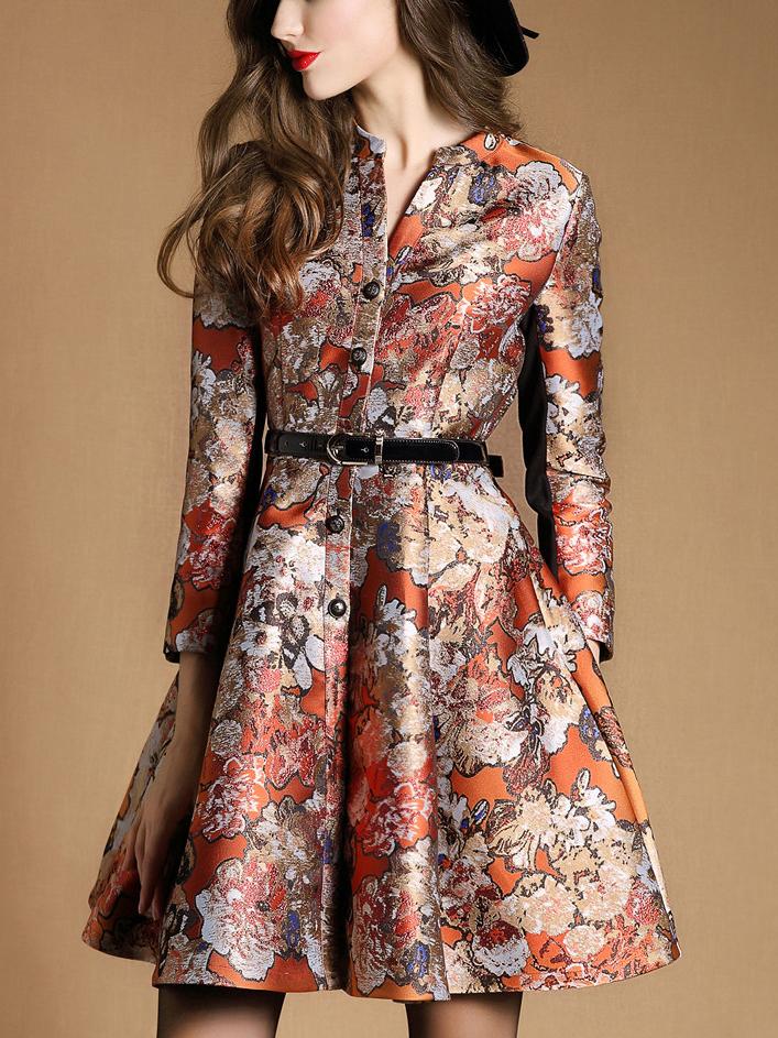 Romwe Multicolor Round Neck Long Sleeve Drawstring Jacquard Pockets Coat