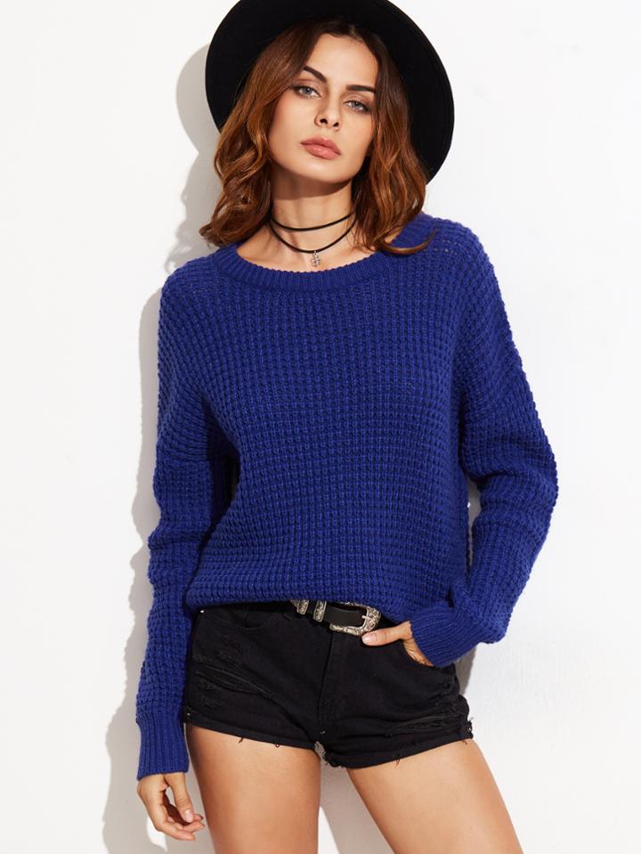 Romwe Blue Drop Shoulder Waffle Knit Sweater