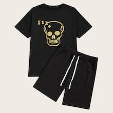 Romwe Guys Shantou Print Tee With Shorts