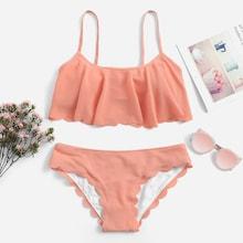 Romwe Flounce Top With Scalloped Trim Bikini Set