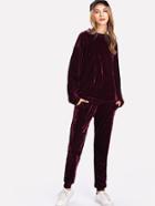 Romwe Drop Shoulder Top And Velvet Pants