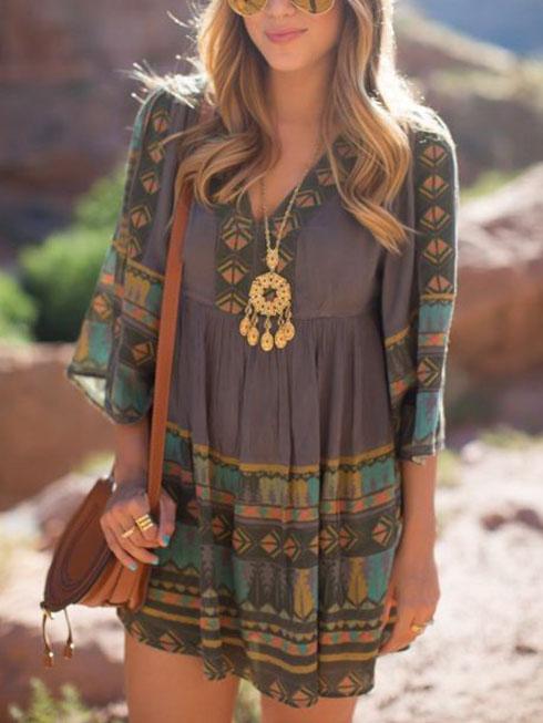 Romwe Purple Tribal Print Bohemian Dress