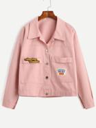 Romwe Pink Embroidered Patch Button Front Jacket
