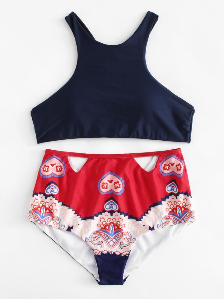 Romwe Lace Up Back High Waist Bikini Set