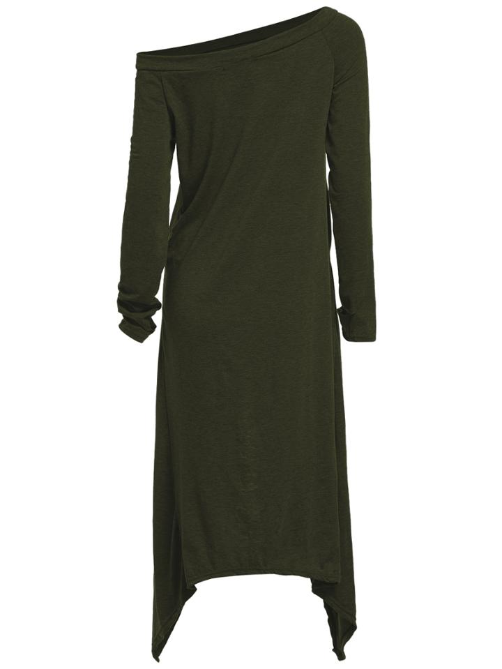 Romwe Army Green One-shoulder Asymmetrical Casual Dress