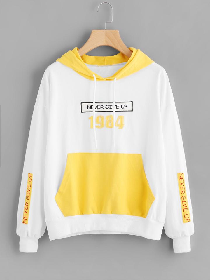 Romwe Slogan Embroidered Patch Kangaroo Pocket Color Block Hoodie