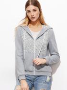 Romwe Heather Grey Lace Applique Zip Up Sweatshirt