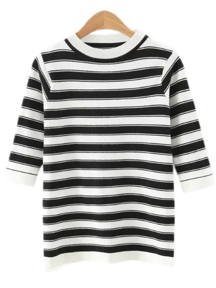Romwe Black White Stripe Half Sleeve Knitted T-shirt