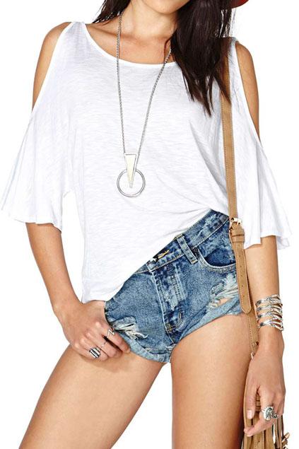 Romwe Romwe Off-shoulder Batwing Sleeves Sheer White T-shirt