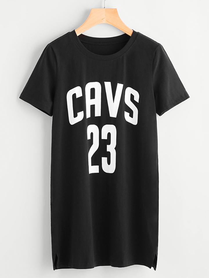 Romwe Varsity Print Vented Hem Tee Dress