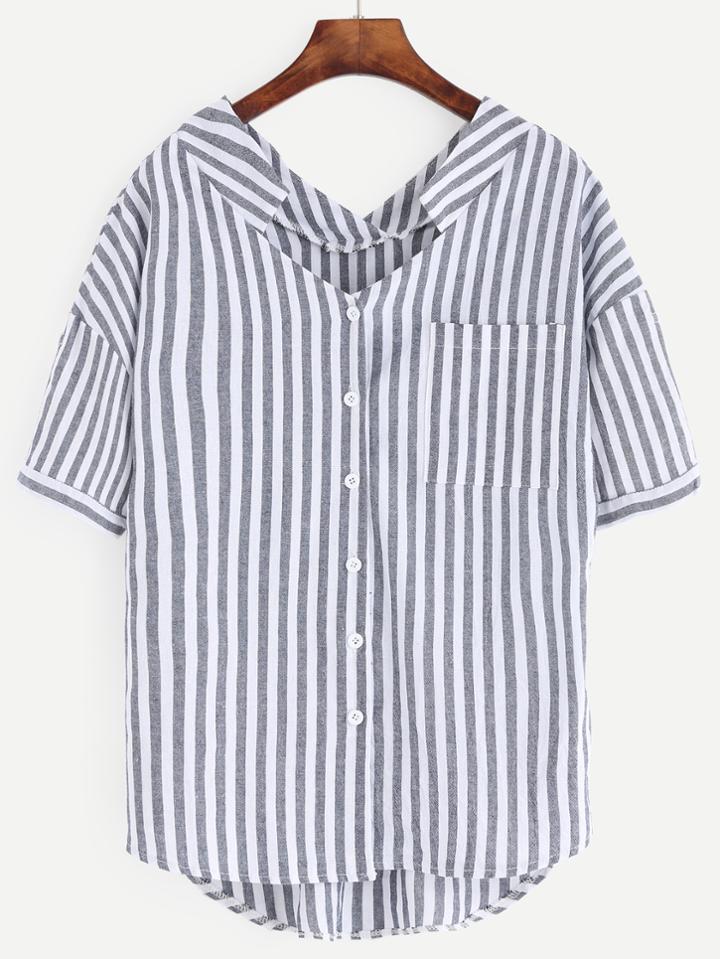 Romwe V Neck Vertical Striped Pocket Blouse