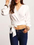 Romwe White V Neck Bell Sleeve Knotted Blouse