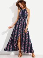 Romwe Navy Halter Floral Print Cut Out Tie Back Slit Dress