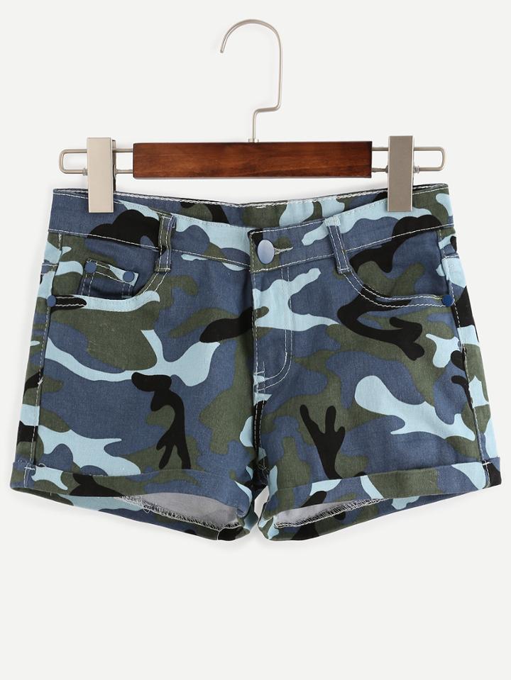 Romwe Blue Camo Print Cuffed Denim Shorts