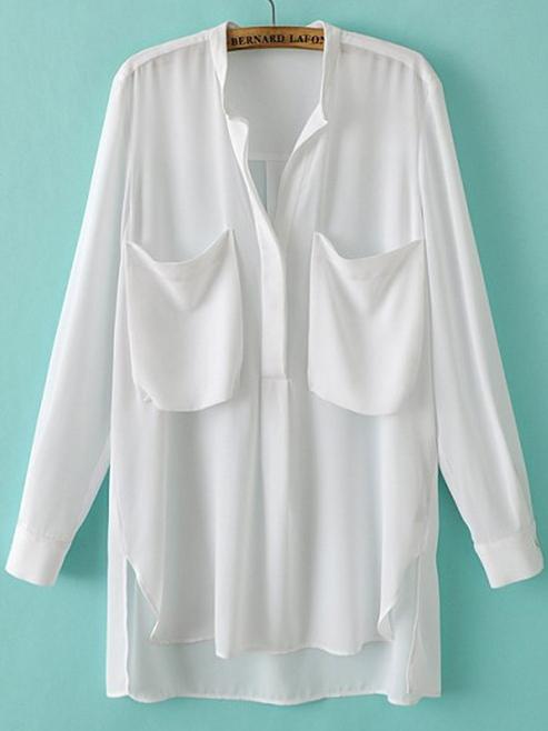 Romwe White Long Sleeve Pockets Dipped Hem Blouse