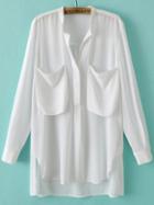 Romwe White Long Sleeve Pockets Dipped Hem Blouse