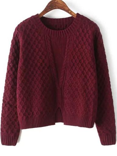 Romwe Round Neck Slit Loose Burgundy Sweater