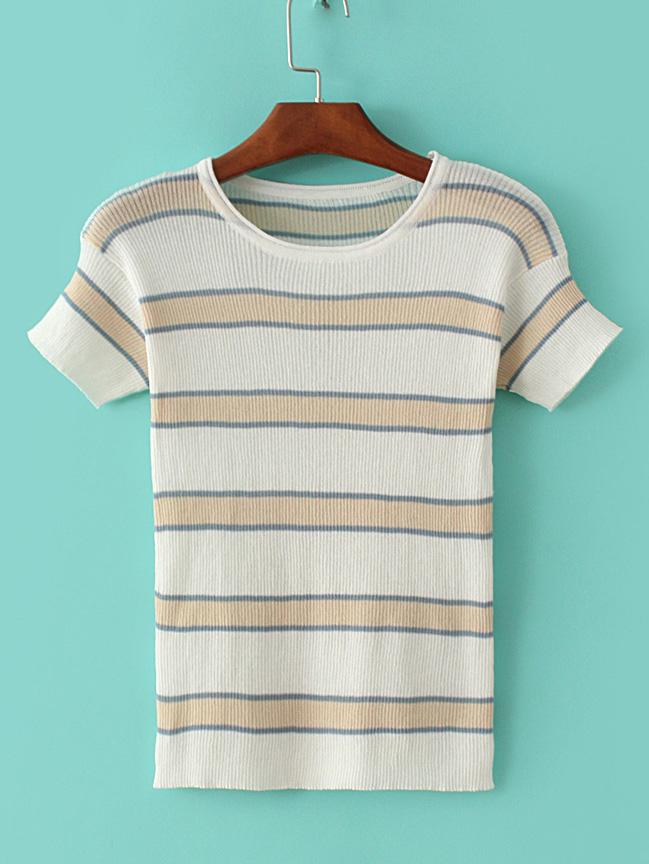 Romwe White Elastic Cuff Stripe Tight T-shirt