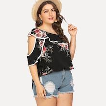 Romwe Plus Oblique Shoulder Floral Print Blouse