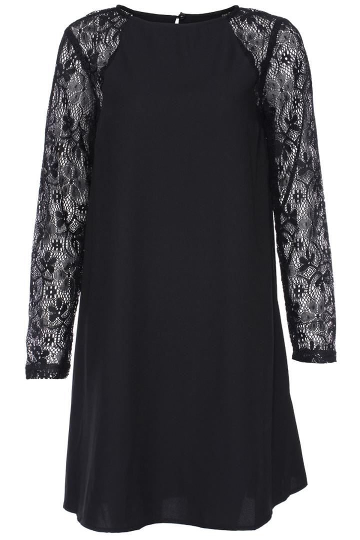 Romwe Romwe Panel Hollowed Lace Crochet Black Umbrella Dress